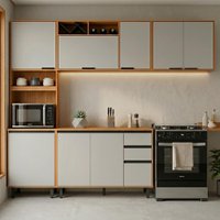 Cozinha Armario de 4 Peças 260 cm Paneleiro Balcao Tampo Ravena Freijo Off Acetinado POLIMAN