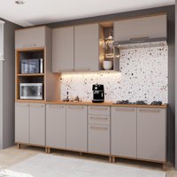 Armário de Cozinha Modulada Completa Fidelitá Berlim 5 Peças 270cm 11 Portas 2 Gavetas Com Tampo Camurça/Freijó.