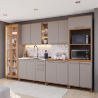 Armário de Cozinha Modulada Completa Fidelitá Berlim 6 Peças 340cm 14 Portas 3 Gavetas Sem Tampo Camurça/Freijó