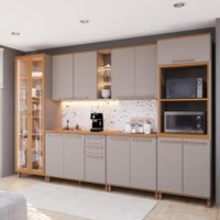 Armário de Cozinha Modulada Completa Fidelitá Berlim 6 Peças 340cm 14 Portas 3 Gavetas Com Tampo Camurça/Freijó