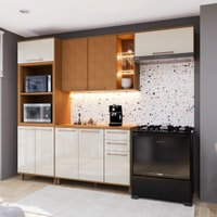 Armário de Cozinha Modulada Compacta Fidelitá Berlim 4 Peças 270cm 9 Portas 2 Gavetas Com Tampo Freijó/Off-White