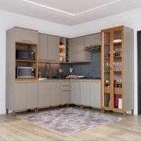 Armário de Cozinha Modulada Completa de Canto Fidelitá Berlim 8 Peças 487cm 16 Portas 3 Gavetas Sem Tampo Camurça/Freijó