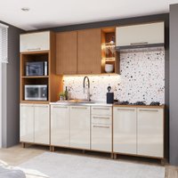 Armário de Cozinha Modulada Completa Fidelitá Berlim 5 Peças 270cm 11 Portas 2 Gavetas Sem Tampo Freijó/Off-White