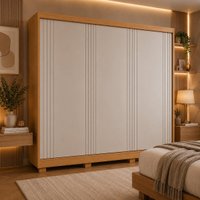 Guarda-roupa Casal 100% MDF 3 Portas de Correr 4 Gavetas com Pés 182cm Multimóveis CR35539 Madeirado/Off White