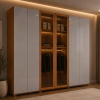Guarda-roupa Casal 100% MDF c/Vidro 6 Portas 6 Gavetas Pés 273cm Multimóveis CR35546 Madeirado/Off White