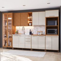 Armário de Cozinha Modulada Completa Fidelitá Berlim 6 Peças 340cm 14 Portas 3 Gavetas Sem Tampo Freijó/Off-White