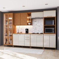Armário de Cozinha Modulada Completa Fidelitá Berlim 6 Peças 340cm 13 Portas 3 Gavetas Com Tampo Freijó/Off-White