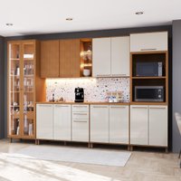 Armário de Cozinha Modulada Completa Fidelitá Berlim 6 Peças 340cm 14 Portas 3 Gavetas Com Tampo Freijó/Off-White