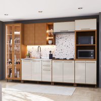 Armário de Cozinha Modulada Completa Fidelitá Berlim 6 Peças 340cm 13 Portas 3 Gavetas Sem Tampo Freijó/Off-White