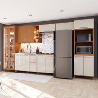 Armário de Cozinha Modulada Completa Fidelitá Berlim 7 Peças 420cm 14 Portas 3 Gavetas Sem Tampo Freijó/Off-White