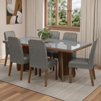 Conjunto Sala de Jantar Tampo de Vidro 6 Cadeiras Rustic/Cinza/Silver Pienza Madesa