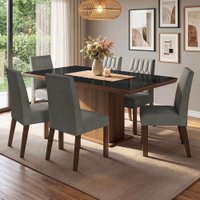 Conjunto Sala de Jantar Tampo de Vidro 6 Cadeiras Rustic/Preto/Silver Dinan Madesa