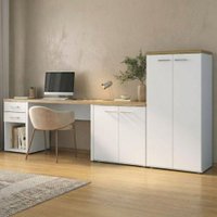 Mesa Escritorio 120 cm Com Gaveteiro Armario E Balcao Olmo Branco Artany