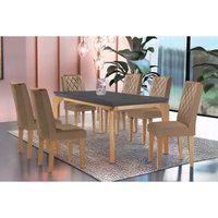Mesa Sala Jantar Londrina Madeirado/Vidro 180cm e 6 cadeiras Jade Imbuia/Grafite - Suede Capuccino Rufato