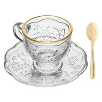 Jogo 6 Xícaras 80ml com Pires Vidro e 6 Colheres de Café Chá Inox Dourado Lyor Mesa Posta
