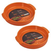 Jogo 2 Travessas Assadeiras Porcelana 25cm Redonda com Alça Laranja Canelada Germer Assar e Servir