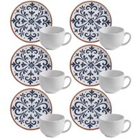 Jogo 6 Xícaras de Chá com Pires Branca e Azul 220ml Cerâmica Stoneware Coimbra Porto Brasil
