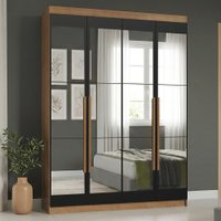 Guarda-Roupa Solteiro 4 Portas Batentes com Espelhos Rustic/Preto/Rustic Saturno Madesa