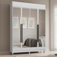 Guarda-Roupa Solteiro com Pés 4 Portas Batentes com Espelhos Branco/Branco/Preto Saturno Madesa