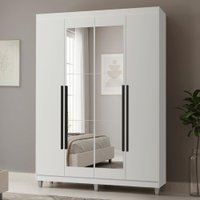 Guarda-Roupa Solteiro com Pés 4 Portas Batentes com Espelho Branco/Branco/Preto Netuno Madesa
