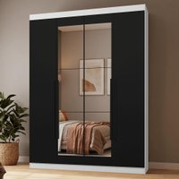 Guarda-Roupa Solteiro 4 Portas Batentes com Espelho Branco/Preto/Preto Netuno Madesa