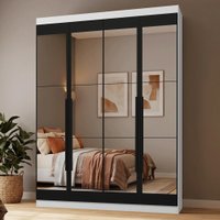 Guarda-Roupa Solteiro 4 Portas Batentes com Espelhos Branco/Preto/Preto Netuno Madesa