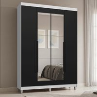 Guarda-Roupa Solteiro com Pés 4 Portas Batentes com Espelho Branco/Preto/Preto Saturno Madesa