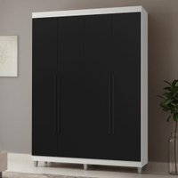 Guarda-Roupa Solteiro com Pés 4 Portas Batentes Branco/Preto/Preto Netuno Madesa