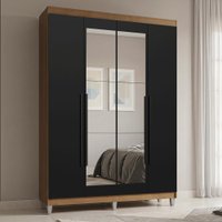 Guarda-Roupa Solteiro com Pés 4 Portas Batentes com Espelho Rustic/Preto/Preto Saturno Madesa