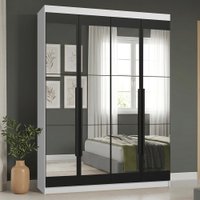 Guarda-Roupa Solteiro 4 Portas Batentes com Espelhos Branco/Preto/Preto Saturno Madesa