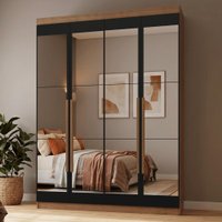 Guarda-Roupa Solteiro 4 Portas Batentes com Espelhos Rustic/Preto/Rustic Netuno Madesa