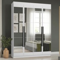 Guarda-Roupa Solteiro 4 Portas Batentes com Espelhos Branco/Branco/Preto Saturno Madesa