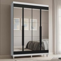 Guarda-Roupa Solteiro com Pés 4 Portas Batentes com Espelhos Branco/Preto/Preto Saturno Madesa