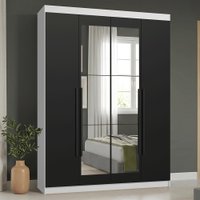 Guarda-Roupa Solteiro 4 Portas Batentes com Espelho Branco/Preto/Preto Saturno Madesa