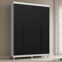 Guarda-Roupa Solteiro com Pés 4 Portas Batentes Branco/Preto/Preto Saturno Madesa