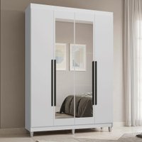 Guarda-Roupa Solteiro com Pés 4 Portas Batentes com Espelho Branco/Branco/Preto Saturno Madesa