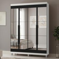 Guarda-Roupa Solteiro com Pés 4 Portas Batentes com Espelhos Branco/Preto/Preto Netuno Madesa
