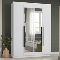 Guarda-Roupa Solteiro 4 Portas Batentes com Espelho Branco/Branco/Preto Saturno Madesa
