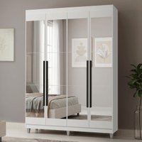 Guarda-Roupa Solteiro com Pés 4 Portas Batentes com Espelhos Branco/Branco/Preto Netuno Madesa