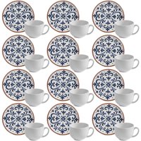 Kit 12 Xícaras de Chá com Pires Branca e Azul 220ml Stoneware Cerâmica Artesanal Coimbra