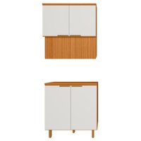 Balcao Com Tampo E Armario Aereo 80 cm MDF Bari Freijo Off Acetinado POLIMAN