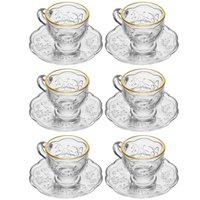 Cj 6 Xícaras de Chá com Píres New Butterfly Fio Ouro 80ml Cristal Ecologico Café Elegante