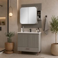 Conjunto de Banheiro Gabinete com Pia e Espelheira 4 Portas Ripado 80cm Multimóveis CR10174 Cimento