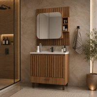 Conjunto de Banheiro Gabinete com Pia e Espelheira 4 Portas Ripado 80cm Multimóveis CR10174 Noce
