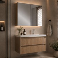 Conjunto de Banheiro Gabinete com Pia e Espelheira 2 Portas 2 Gavetas 82cm Multimóveis CR10173 Noce