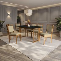 Conjunto Sala de Jantar Lina em Madeira Maciça com 6 Cadeiras Boucle Bege