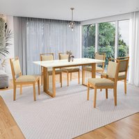 Conjunto Sala de Jantar Lina em Madeira Maciça de 6 Cadeiras Boucle Bege
