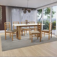 Conjunto Sala de Jantar Elisa em Madeira Maciça c/6 Cadeiras Linho Fendi