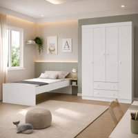 Jogo de Quarto com Cama Solteiro e Guarda-roupa 4 Portas 2 Gavetas Lira Multimóveis MP4836 Branco