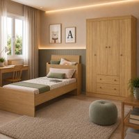 Jogo de Quarto com Cama Solteiro e Guarda-roupa 4 Portas 2 Gavetas Lira Multimóveis MP4838 Madeirado
